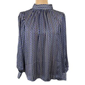 New H&M Geo Print Blouse Top Blue Black Size L Large Mock Neck
